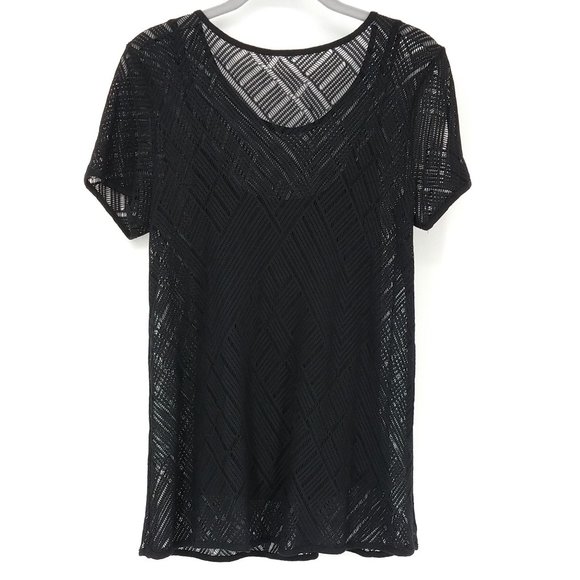 Three Dots Scoop Neck Lace Tee Black Sheer Layer S - Picture 6 of 7